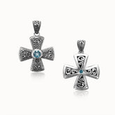Sterling silver cross pendant with Blue Topaz gemstone – handcrafted Bali jewelry symbolizing faith, elegance, and timeless style